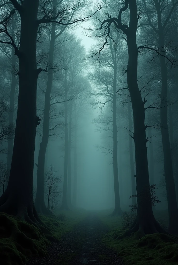 A dark and gloomy forest. Show tall, dense trees, with a light mist to create an eerie atmosphere.
