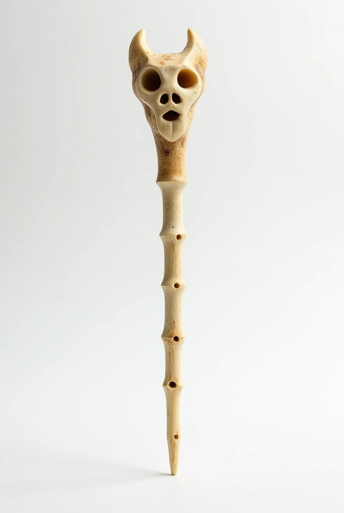Imagine a small wand made entirely of bones. she is delicate, approximately 15 centimeters long and just over half a centimeter in diameter. The surface of the wand is composed of minutely joined bones, each polished to a smooth shine, but maintaining the natural textures and marks of the bones, like grooves and small grooves, that tell ancient stories of their origin. 

At the top end, there is a carved bone head, perhaps representing a mythological creature or an esoteric symbol, its finely detailed features, with hollow eyes and a half-open mouth, giving it an appearance both mysterious and venerable. 

Along the body of the wand, small carved inscriptions or symbols are visible, almost imperceptible, What a, upon closer inspection, appear to form arcane patterns or texts, suggesting that the wand has a mystical purpose. 

The bone itself has an aged ivory tone., with slight pale yellow nuances and dark spots in some areas, that give the impression of age and use. When holding it, the wand feels surprisingly light, almost as if he carried within himself only an echo of the weight he had in life.

In contrast to the plain white background, the bone wand stands out clearly, its ancient and organic appearance creating a striking contrast with the simplicity and purity of the background, further enhancing its enigmatic and supernatural aura.