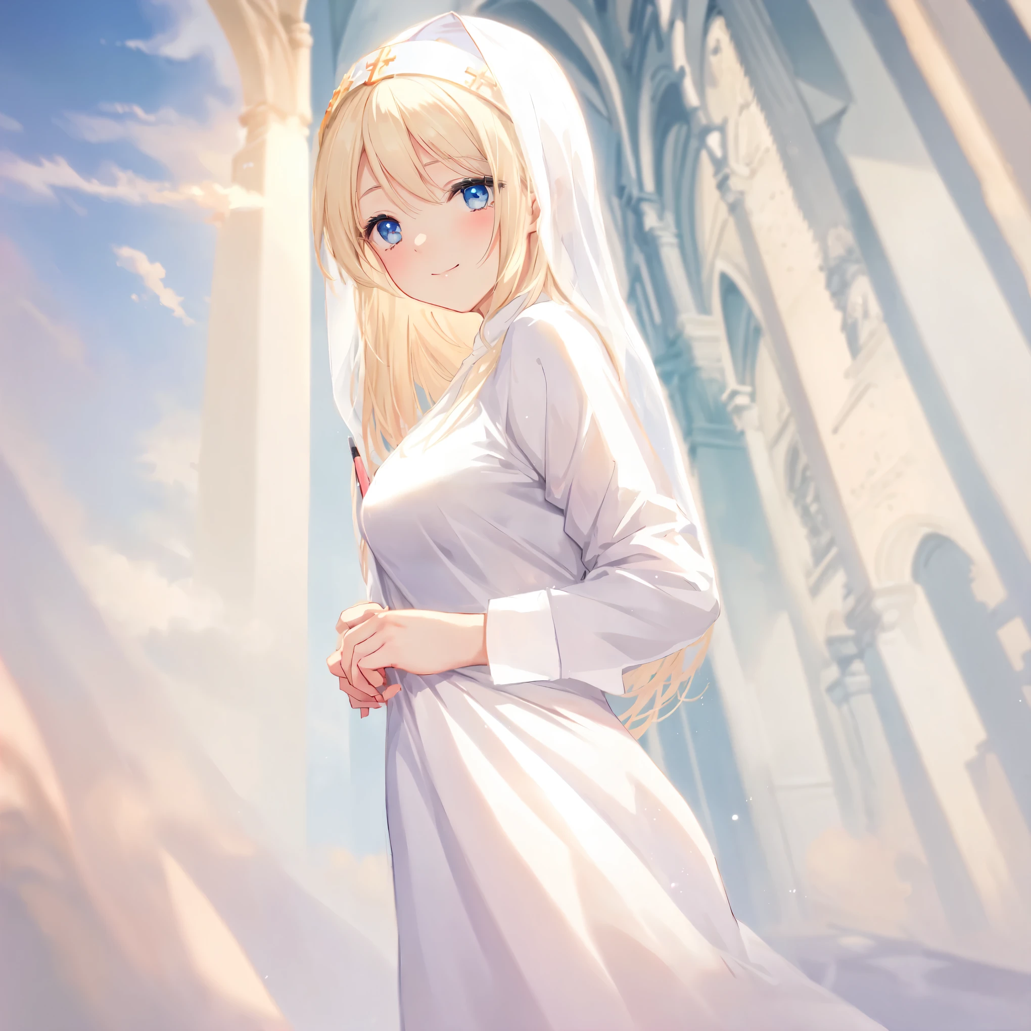 (pencil art:1.3),masterpiece, Highest quality,pastel color,church,dutch angle,Put your hands together,Accurate 5 fingers,Monastic uniform,A loving smile,closed mouth,{{beautiful medium-sized breasts1:4}},{{beautiful blue eye1:4}},,(((Sacred))),Photoreal 1;4,{{blond hair}}, top quality, {{beautiful butt}}, cute girl, high quality background,