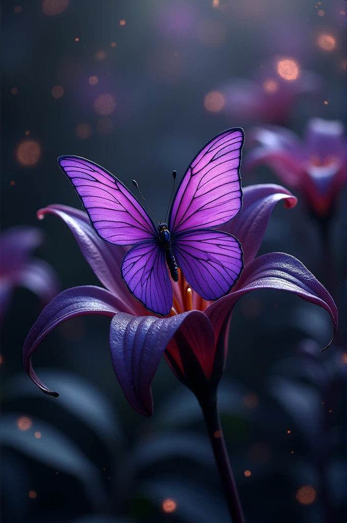 Generate a YouTube banner with the following characteristics:
A purple butterfly perched on a death lily (Japanese hell flower) with black and gold scales scattered on the ground