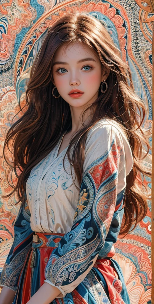 ((masterpiece:1.2, best quality)), ultra detailed, Ultra-precise depiction, Ultra-detailed depiction, (zentangle:1.2), (dynamic pose), (abstract background:1.5), wavy long hair, red hair, Blue eyes, 1girl, colorful, portrait, (from above:1.2)