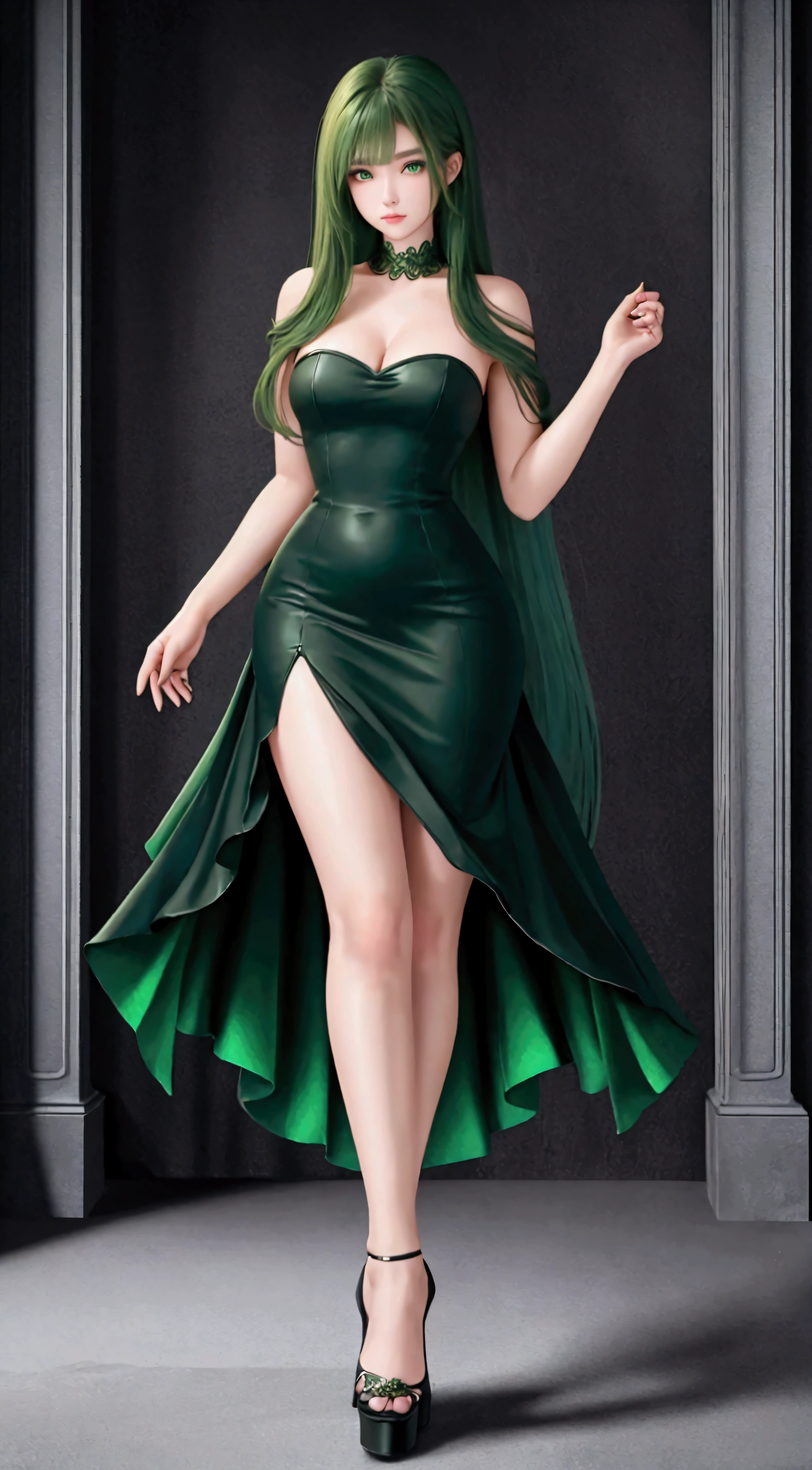 high quality, 8k quality, ultra detail, 1girl, Makeup, highest quality, long straight hair, green eyes, black high heel shoes, maid dress, bare legs, standing pose, long hair, curvy figure