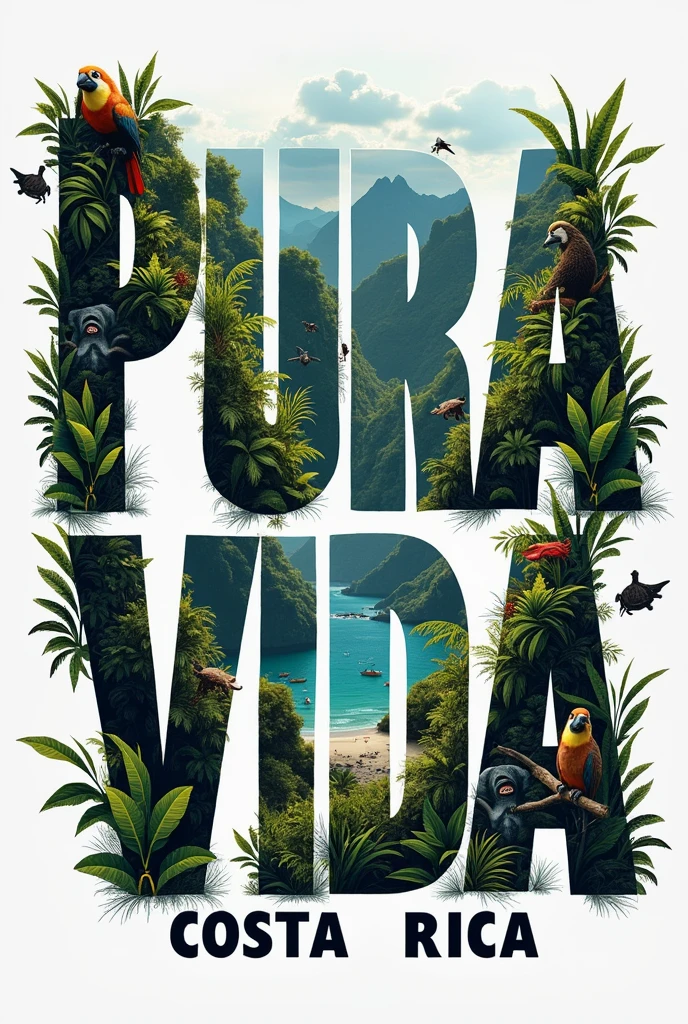 Image to print a shirt that says PURA VIDA but the background of the letter is landscapes and animals representative of Costa Rica and below in a thinner and smaller letter that says Costa Rica( Landscapes and animals must be within the letters that say pure life, They cannot protrude or go beyond the edges of the letters and they have to be real.)