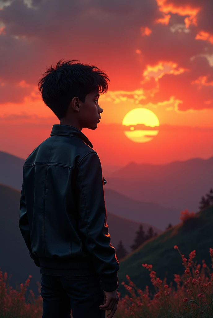 Dark skinned boy looking at the sunset with a black leather jacket 