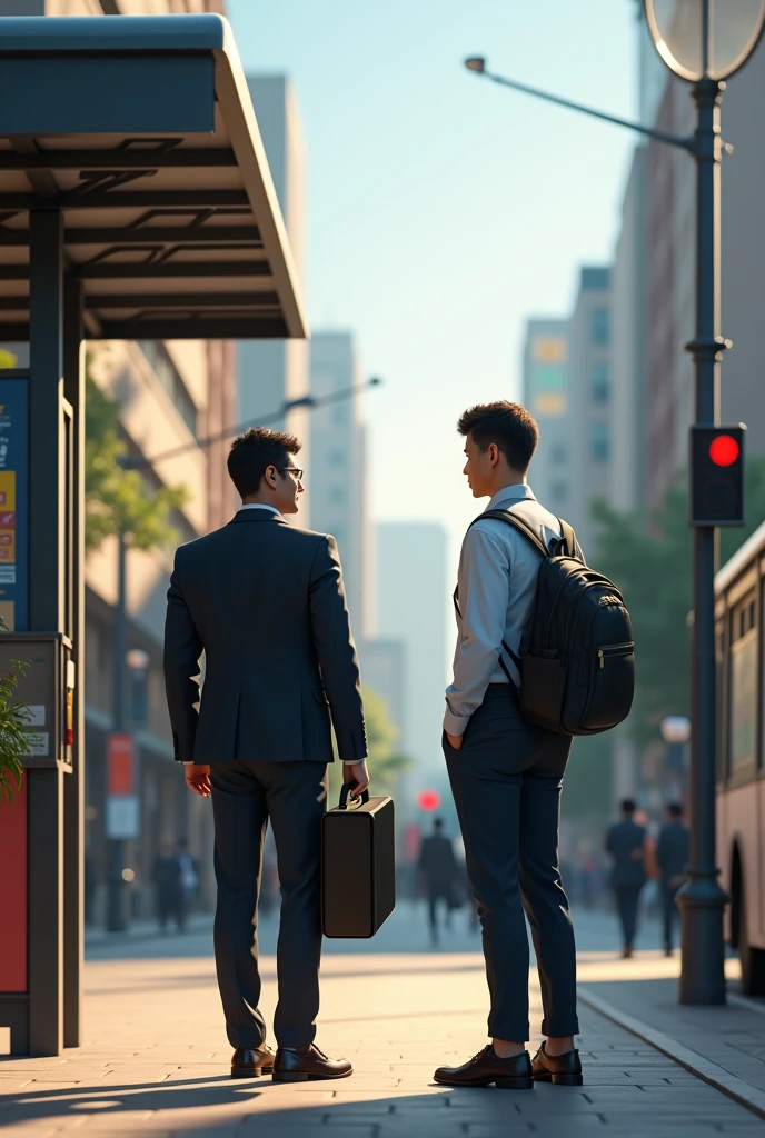 Office worker and male student meet to board the bus