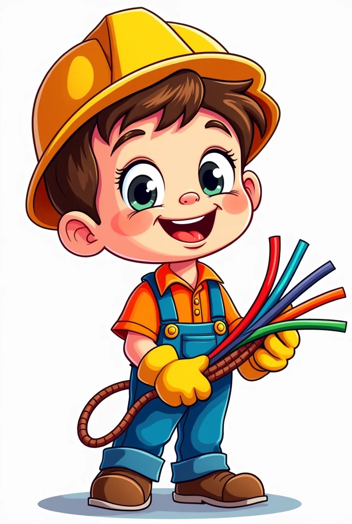 a boy electrician with safety gloves and helmet, holding electrical wires, cartoon style character, highly detailed facial features, coloring book art, no background, ready to be colored