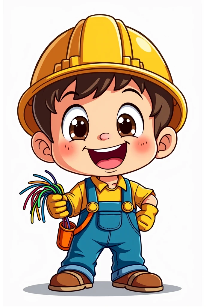 a boy electrician with safety gloves and helmet, holding electrical wires, cartoon style character, highly detailed facial features, coloring book art, no background, ready to be colored