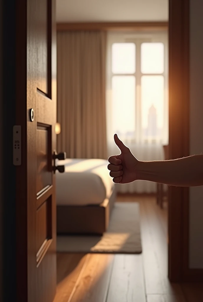 Image of a hotel room door open showing the room number with a thumbs up sign