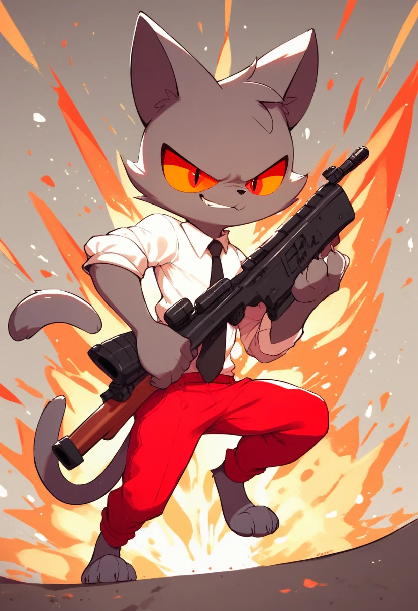 score_9, score_8_up, 1character, cat, gray fur, wearing a red suit, white shirt, black tie, red pants, half-open eyes, orange sclera, red eyes, smirk, holding a rifle, in front of a explosion, full body, alone