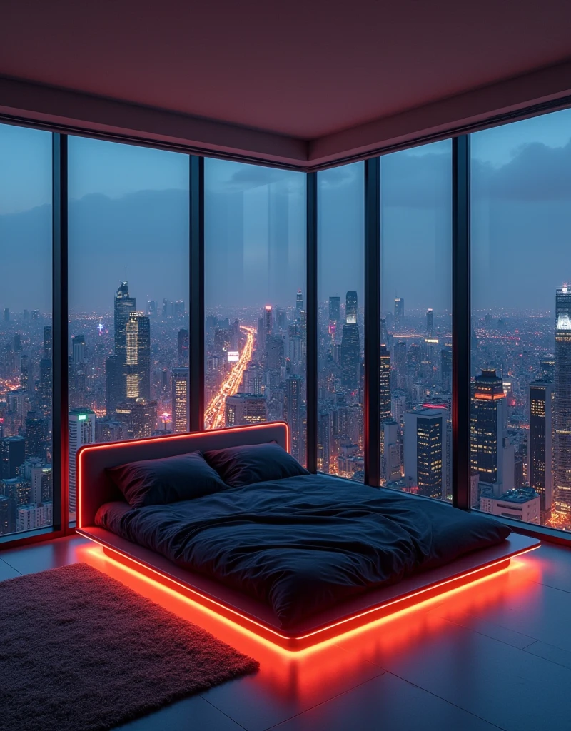 A modern, sleek bedroom with a large floor-to-ceiling window overlooking a bustling city skyline at night. The bed is low to the ground with a contemporary design, featuring dark gray bedding. Neon LED lights outline the bed frame, and a soft ambient glow fills the room. The hum of distant city sounds, like traffic and occasional horns, creates an urban lullaby.