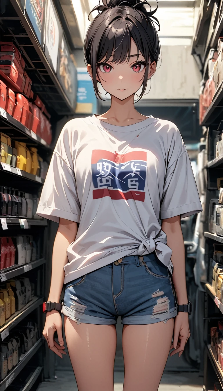 RAW Photos, , ((Highest quality, 8k, masterpiece:1.3)), flat color, Sharp focus on people: 1.2,(Inside a dark Japanese auto repair shop: 1.4),Sitting on the ground:1.5, Blur the background:1.1 ,low angle wide shot, Cool look,Below-the-knee loose socks, The upper body is plainTshirt:1.0,Denim shorts for the lower body,Beautiful woman:1.4, Black Hair, , Highly detailed face and skin texture, fine grain, double eyelid, short hair, tied hair,Red eyes,sneakers,Smart Watches,