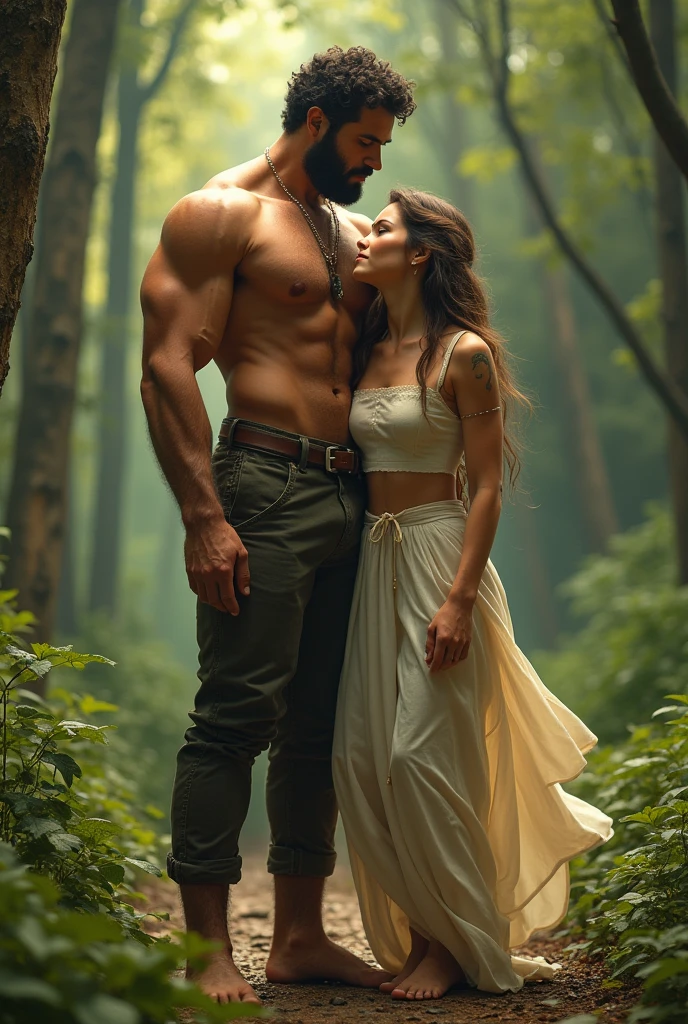 Create an image of a self-confident man, with a dominant and protective posture, interacting with a woman who feels safe and happy by his side. " Let the image be super realistic 
