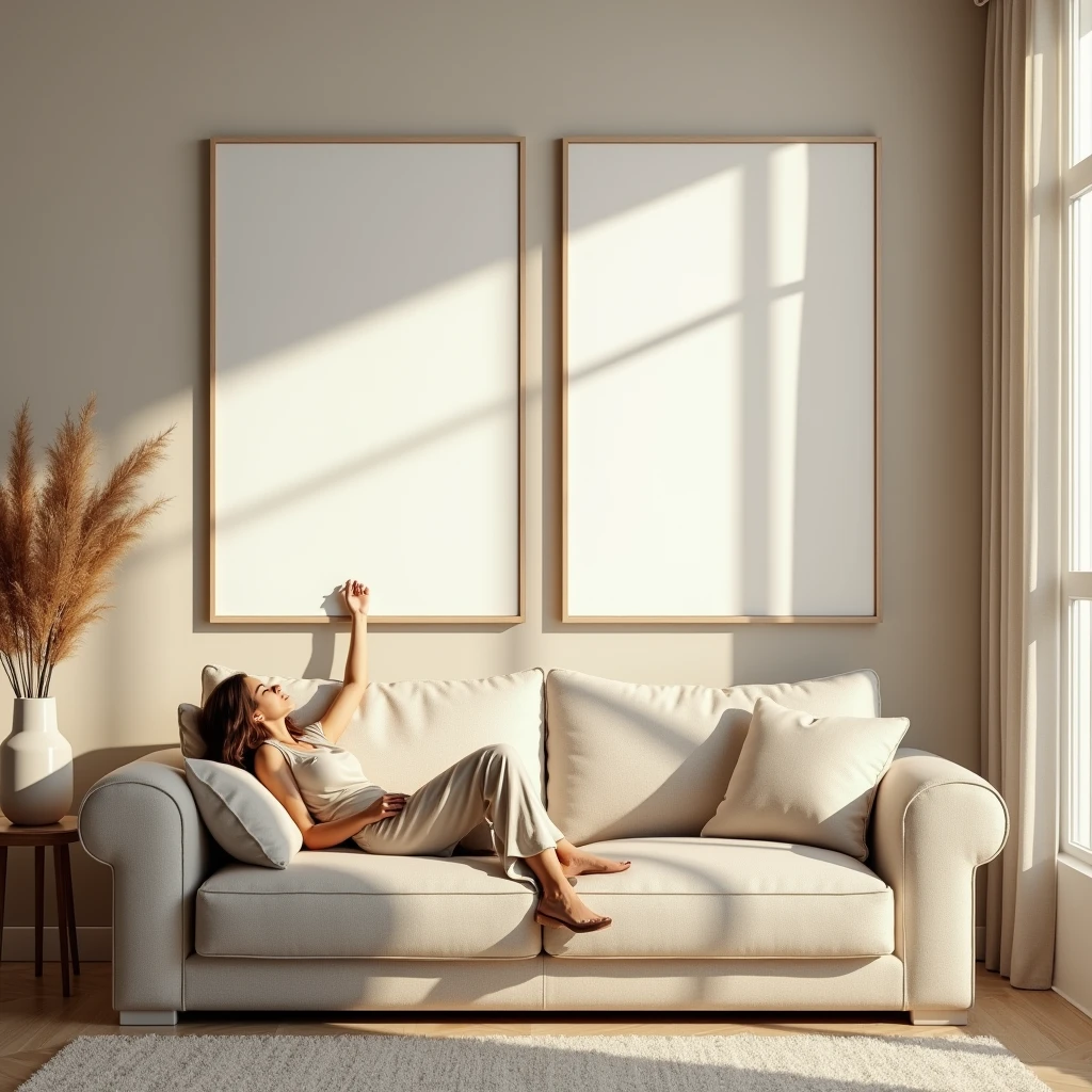 A hyper-realistic HDR interior scene featuring a cozy living room with warm, natural lighting. The focus is on two vertical DIN A frames with sleek white borders, each with a blank canvas (no designs), hanging on a wall above a modern, stylish sofa. A relaxed woman dressed in neutral tones is lounging on the sofa, adding an elegant and sophisticated touch to the scene. The overall atmosphere is serene and inviting, emphasizing the blank canvases in a home decor setting