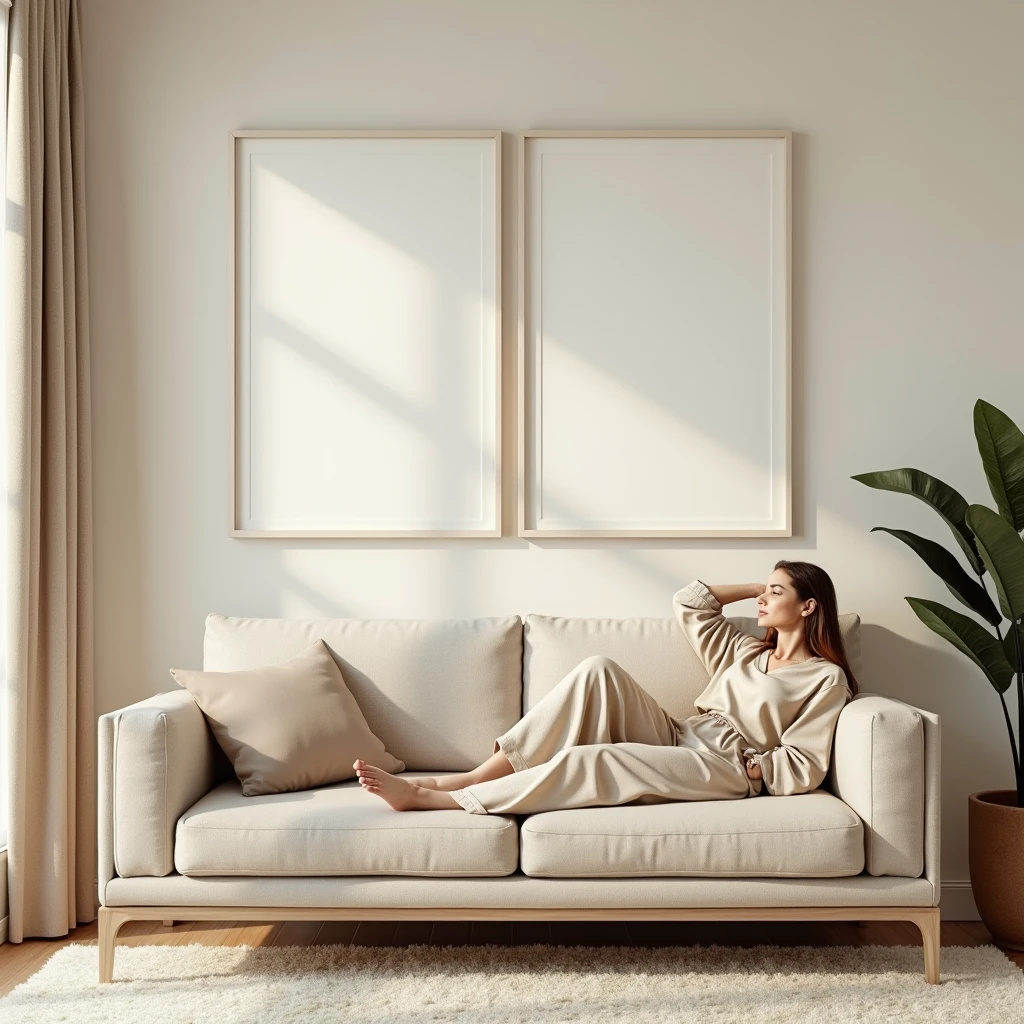 A hyper-realistic HDR interior scene featuring a cozy living room with warm, natural lighting. The focus is on two vertical DIN A frames with sleek white borders, each with a blank canvas (no designs), hanging on a wall above a modern, stylish sofa. A relaxed woman dressed in neutral tones is lounging on the sofa, adding an elegant and sophisticated touch to the scene. The overall atmosphere is serene and inviting, emphasizing the blank canvases in a home decor setting