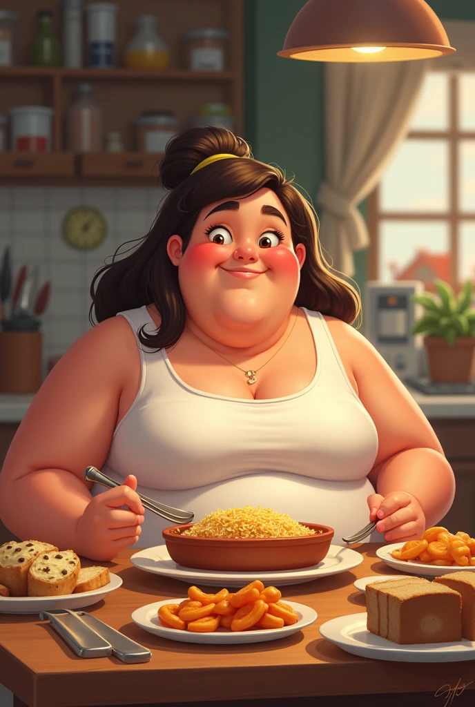 (masterpiece, best quality, highres, detailed, realistic:1.3), young woman, USSBBW, (morbidly obese, fatblob:1.4), (detailed face, beautiful face:1.2), high aesthetic, nude, headset, office chair, computer desk, (nervous expression), (stacks of empty plates, surrounded by junk food:1.2), living room, ponytail, glasses
