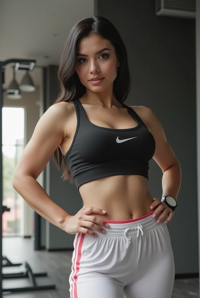 big breasts, black hair, Hefty body, sportswear, In the background you should see a gym 