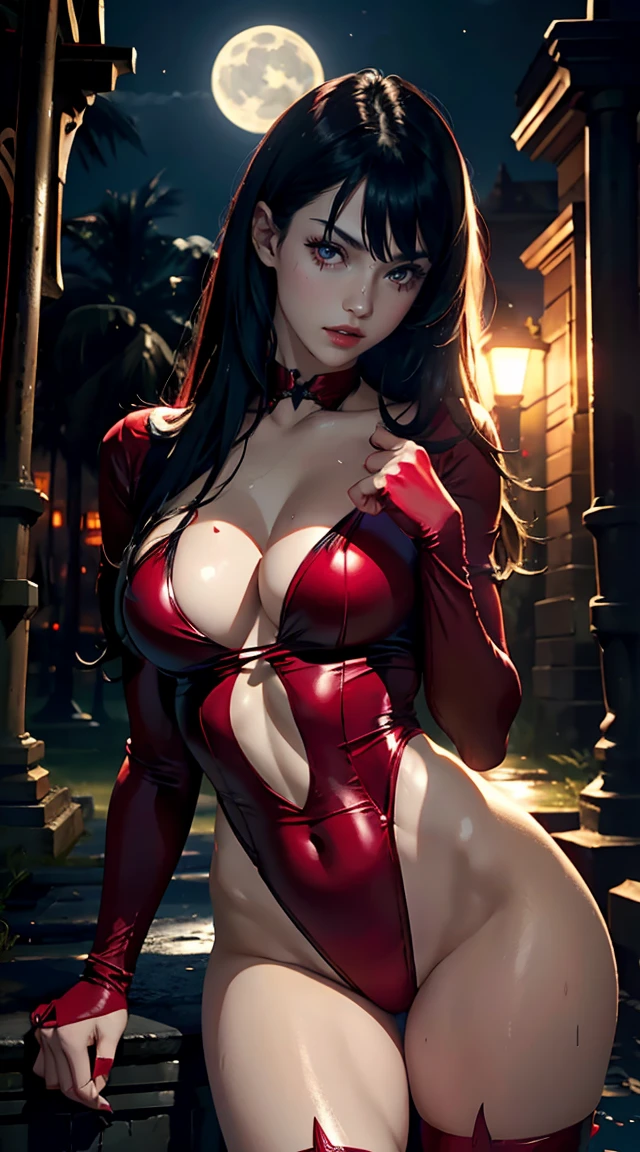 Sexy Vampirella in a red deep V swimsuit, night in the cemetery, oily and shiny skin, Red eyes) athletic and fit body, mischievous, horny, perfect hands, Detailed hands, Perfect eyes, detailed eyes, flirtatious, sexy, mischievous, big happy , realist, HdR, HD, dynamic, Front view, dark outside. Moonlight, glowing Red eyes
