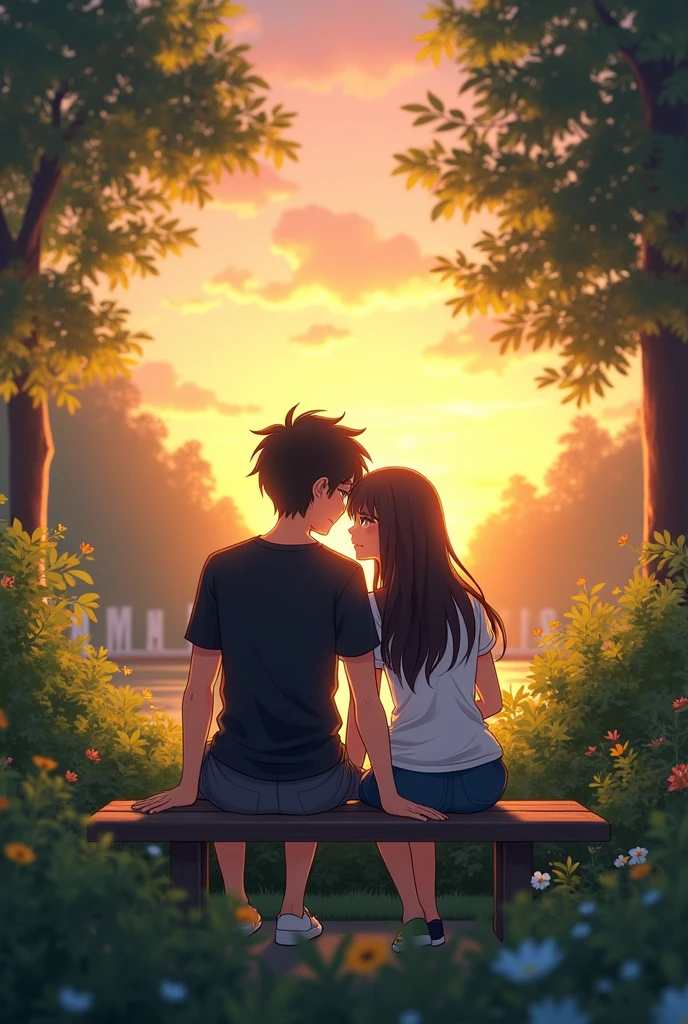 Create an image featuring a 20-year-old anime boy and a girl sitting closely on a bench in a serene garden during sunset. The back view shows them leaning slightly towards each other, capturing the warm, golden glow of the setting sun. The boy is in a black t-shirt, and the girl is in a casual outfit. The lush greenery and the soft hues of the sky add a peaceful, romantic atmosphere to the scene.