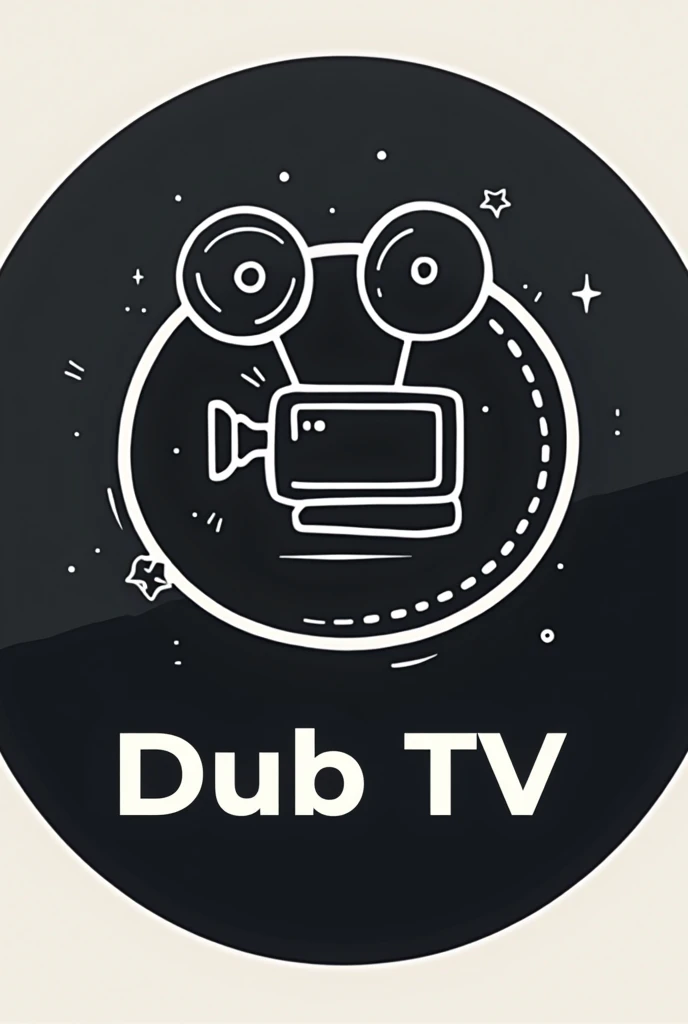 A logo of a streaming application with the name Dub Tv and the colors white and black in a circle and a cinematic camera in the middle of it and the name Dub Tv