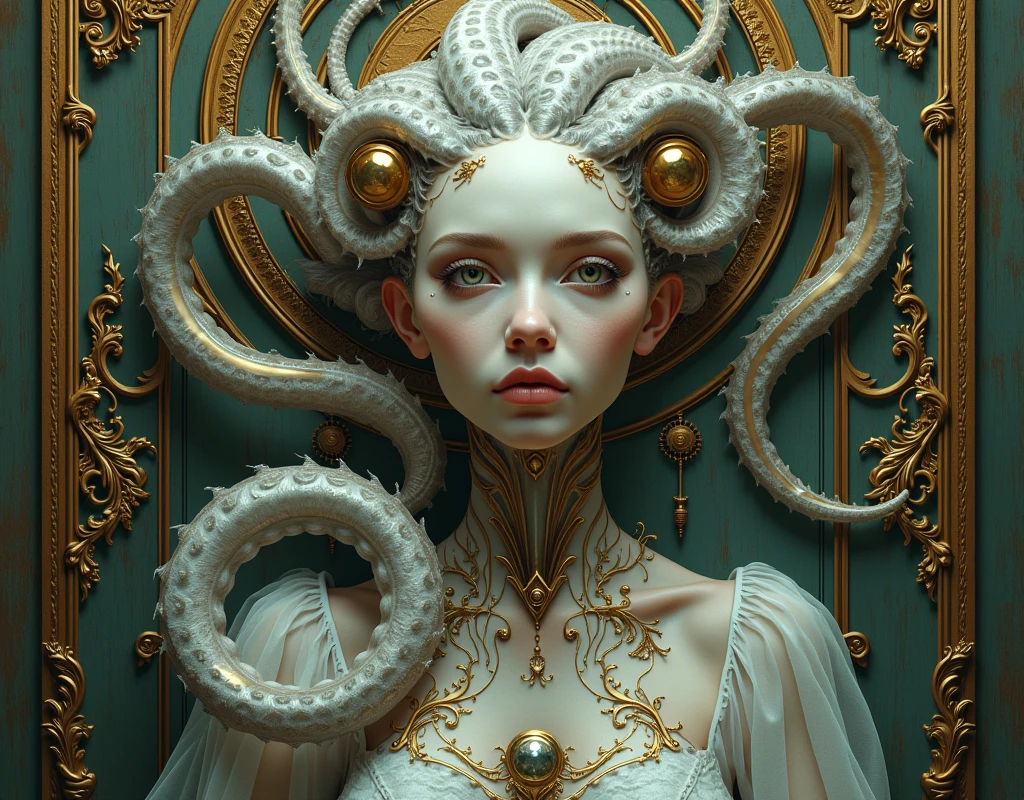 (masterpiece), (great), (Extremely fine), Wallpaper, viewer, Giger, flores, Baroque, octopus, ULTRA DEFINED, ultra realistic, transparent, Lovecraft, medusa, portrait, gothic, grotesque, intricate biomechanical details, ceramic, elegant, shout, steampunk, Golden, bronze, glass, Ayami Kojima illustration