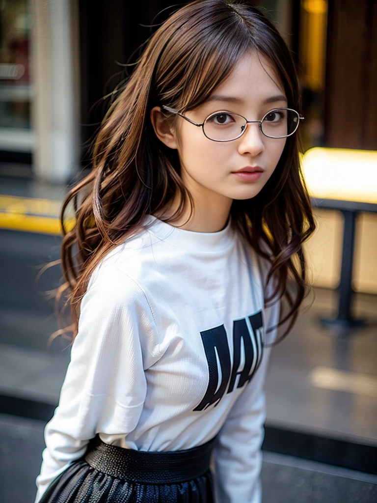 Photo of a beautiful woman standing on a street corner, (masterpiece:1.2, highest quality), (Realistic, photoRealistic:1.4), Beautiful illustrations, (Natural Side Lighting, Cinema Lighting), Written boundary depth, Beautiful thighs staring at the viewer, (((Face Focus, Upper Body))), 1 female, 30-year-old, alone, thin, slender, small breasts!!!, Loose curly hair, Bedhead, Forehead, thin, slender, (((glasses))), long sleeve T-shirt, Skinny skirt, Are standing, New York 25th Street, portrait