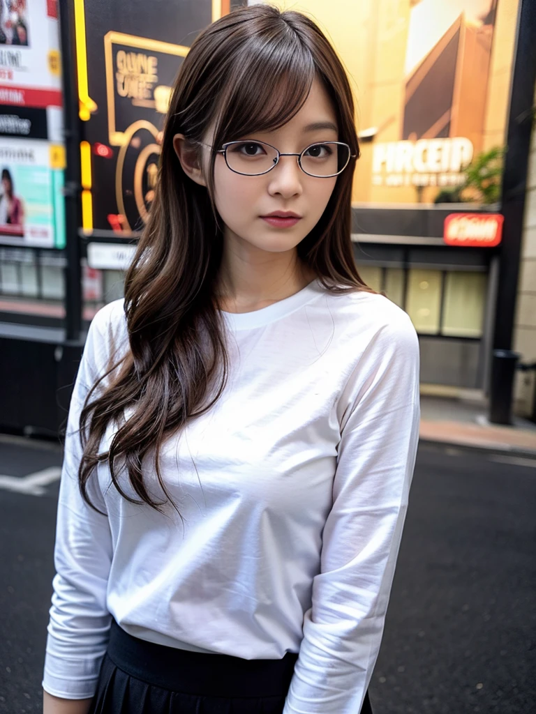 Photo of a beautiful woman standing on a street corner, (masterpiece:1.2, highest quality), (Realistic, photoRealistic:1.4), Beautiful illustrations, (Natural Side Lighting, Cinema Lighting), Written boundary depth, Beautiful thighs staring at the viewer, (((Face Focus, Upper Body))), 1 female, 30-year-old, alone, thin, slender, small breasts!!!, Loose curly hair, Bedhead, Forehead, thin, slender, (((glasses))), long sleeve T-shirt, Skinny skirt, Are standing, New York 25th Street, portrait