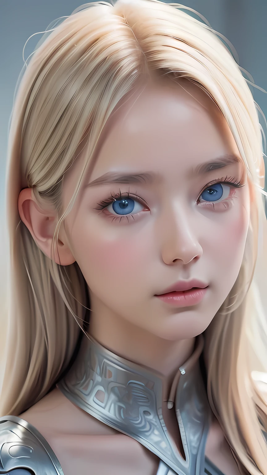 Highest quality、8K masterpiece、Ultra-high resolution、(Realistic:1.3)、RAW Photos、 A beautiful girl with mysteriously shining blonde hair of Nordic descent、Silvery blonde hair、Super long straight hair、Bangs between the eyes、Bangs that fall over the eyes、Bangs over one eye、Bangs between the eyes、Incredibly white, glowing skin、1. Cyberpunk Super Beautiful Soldier、((Ultra-Realistic Details))、Portraiture、Global Illumination、Shadow Realm、Octane Rendering、8k、Ultra Sharp、metals、Cool colors、、Very intricate details、Realistic Light、Trends of the CG Association、Very beautiful big bright blue eyes、Very big eyes、Eyes shining at the camera、Neon Details、Small Face Beauty、Round face、Highlights of cheek luster、eyeliner、Double eyelids