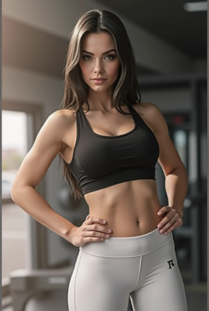 big breasts, black hair, Hefty body, sportswear, In the background you should see a gym