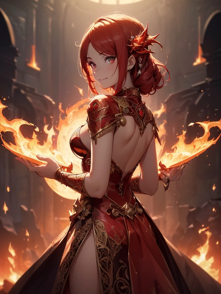 (((best quality, sharp image, clear image, cinematic lighting, 8k resolution, masterpiece, ultra detailed, intricate))) Girl, sorcerer, cute, intricate dress, smiling, fiery red, ((intricate background)), (rune frame), dimension, ((shot from behind)), fire sigils, chaotic background.
