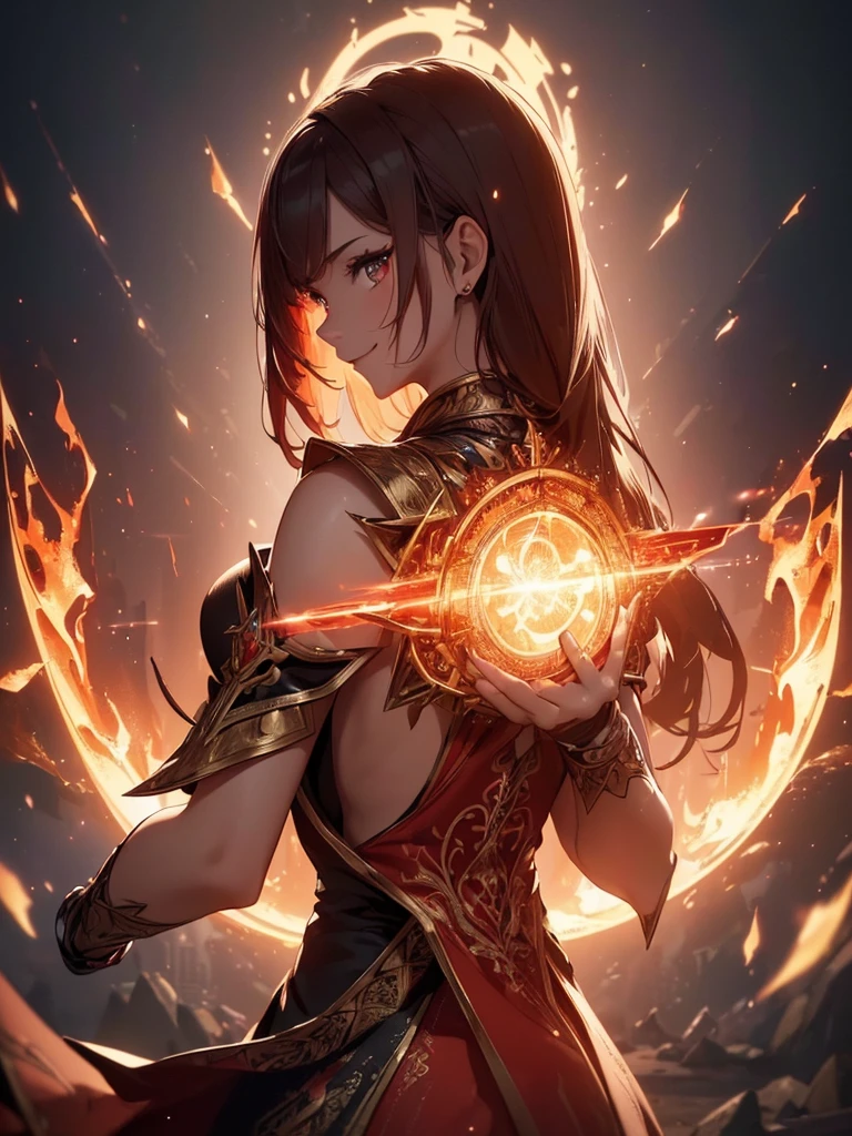 (((best quality, sharp image, clear image, cinematic lighting, 8k resolution, masterpiece, ultra detailed, intricate))) Girl, sorcerer, cute, intricate dress, smiling, fiery red, ((intricate background)), (rune frame), dimension, ((shot from behind)), fire sigils, chaotic background.