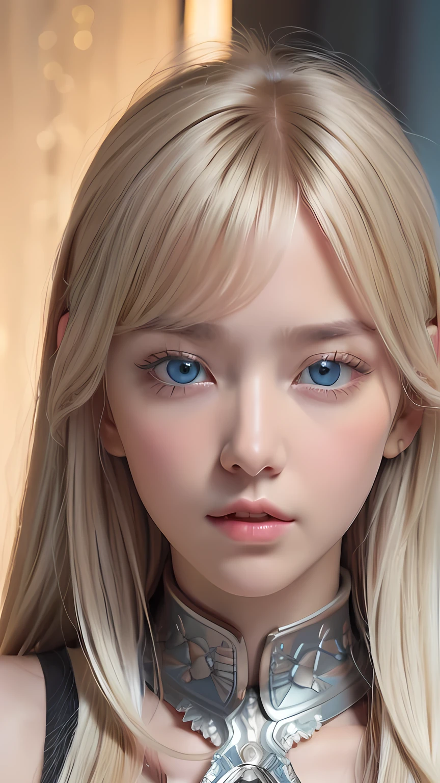 Highest quality、8K masterpiece、Ultra-high resolution、(Realistic:1.3)、RAW Photos、 A beautiful girl with mysteriously shining blonde hair of Nordic descent、Silvery blonde hair、Super long straight hair、Bangs between the eyes、Bangs that fall over the eyes、Bangs over one eye、Bangs between the eyes、Incredibly white, glowing skin、1. Cyberpunk Super Beautiful Soldier、((Ultra-Realistic Details))、Portraiture、Global Illumination、Shadow Realm、Octane Rendering、8k、Ultra Sharp、metals、Cool colors、、Very intricate details、Realistic Light、Trends of the CG Association、Very beautiful big bright blue eyes、Very big eyes、Eyes shining at the camera、Neon Details、Small Face Beauty、Round face、Highlights of cheek luster、eyeliner、Double eyelids