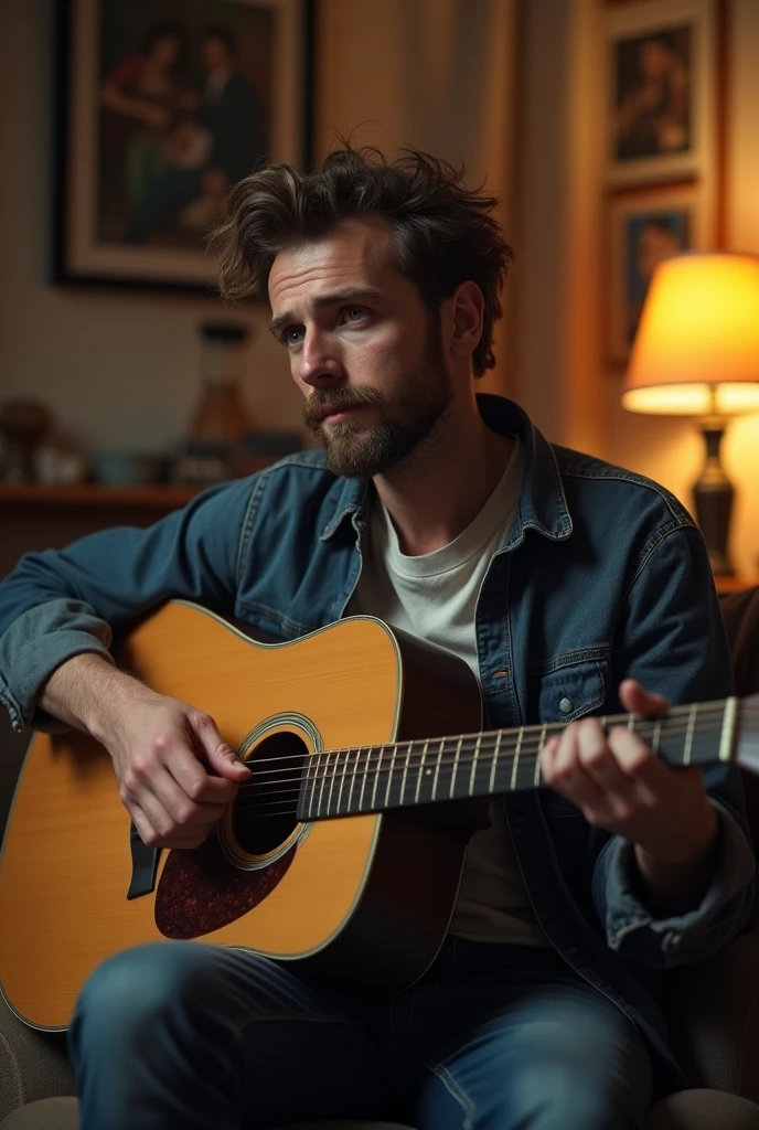 new man, little beard, disheveled hair, sitting in the living room with guitar Maximum realistic image