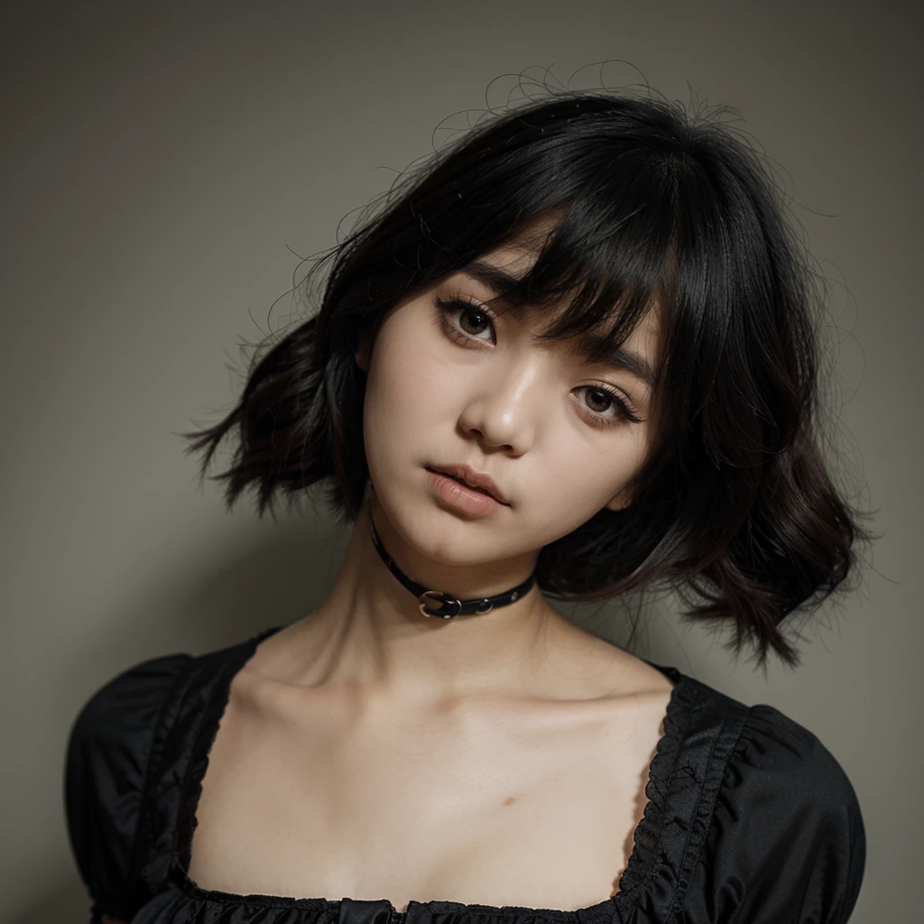 （highest quality，8k，32k，masterpiece，Ultra-high resolution：1.2），((Sexy expression:1.2)), ((Medium Hair,Beautiful bangs:1.5)), Positive, Professional Lighting, Flash photography, Shaded photo，((Cleavage:1.5))，((small breast)), whole body, Face Focus, Choker Necklace, ((Gray plain background:1.2)), ((Deep green clothing with a large open chest:1.2, Tight clothing:1.2)),  ((I can&#39;t look directly at the nipples:1.5, Know the shape of your nipples:1.6))