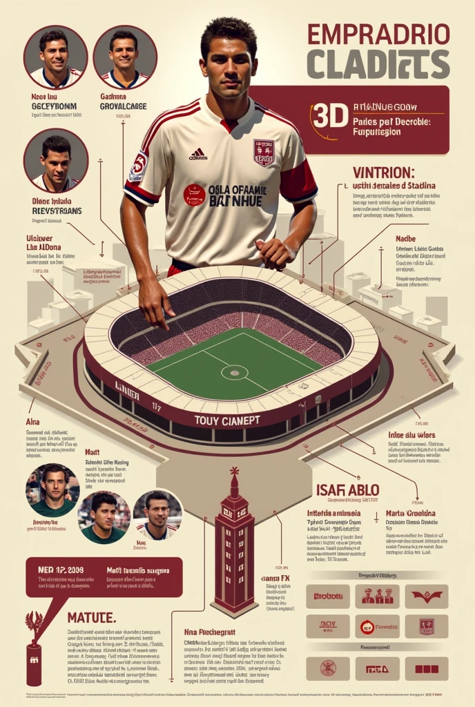 An infographic design showcasing Universitario de Deportes winning the 1999 Torneo Descentralizado at Matute. The infographic includes multiple sections:
1. Title at the top: 'Universitario de Deportes: Campeón del Torneo Descentralizado 1999 en Matute' with the team's logo.
2. Introduction section: A brief description about the significance of the decisive match played at Matute, highlighting that it was the home stadium of their rival, Alianza Lima.
3. Timeline: Displaying key matches of Universitario during the 1999 season with icons representing victories and important goals.
4. Main Match section: A graphic representation of Matute stadium, highlighting the field with the final score (2-1 for Universitario), the date (December 19, 1999), and noting key players.
5. Players section: Featuring photos or silhouettes of key players like José Luis Carranza, Gustavo Grondona, and Martín Vilallonga with short descriptions.
6. Celebration section: Images of the team and fans celebrating, including quotes from players and fans.
7. Legacy section: A comparison chart showing the number of championships won by Universitario before and after 1999, emphasizing the impact of this victory.
The design uses Universitario de Deportes' team colors: cream and maroon, and includes a footer with data sources and photo credits.