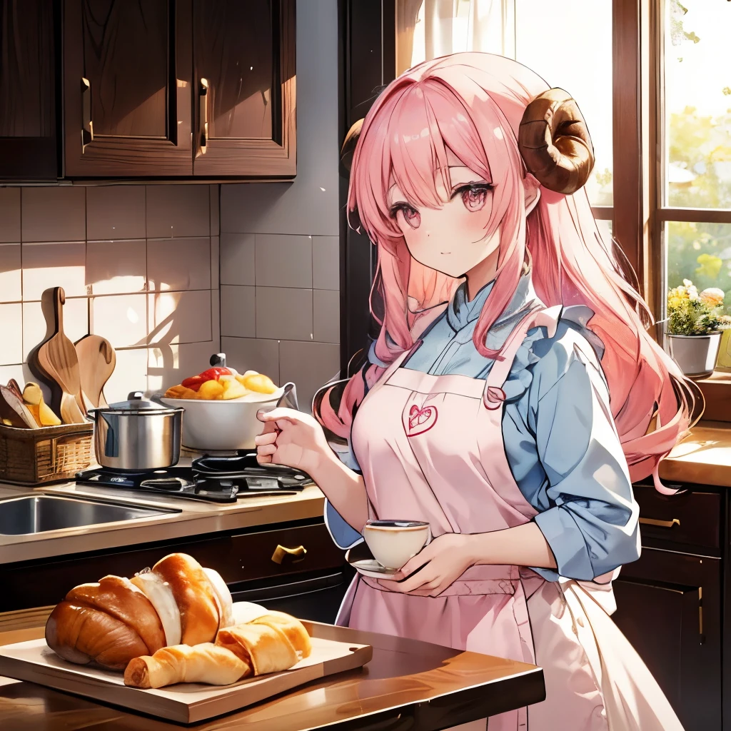 An anime-style illustration of ‘Fua-chan’ preparing an elegant breakfast. Fua-chan has distinctive features: long pink hair styled in soft curls resembling sheep’s horns, and pink eyes. She is depicted in a beautifully lit kitchen, wearing a stylish apron over casual yet chic morning attire. Her expression is calm and content as she carefully prepares a sophisticated breakfast, perhaps with items like freshly baked croissants, a perfectly brewed pot of tea or coffee, and a plate of beautifully arranged fruits. The background shows a bright, cozy kitchen with sunlight streaming in through the windows, creating a serene and graceful atmosphere as Fua-chan enjoys her morning routine.”