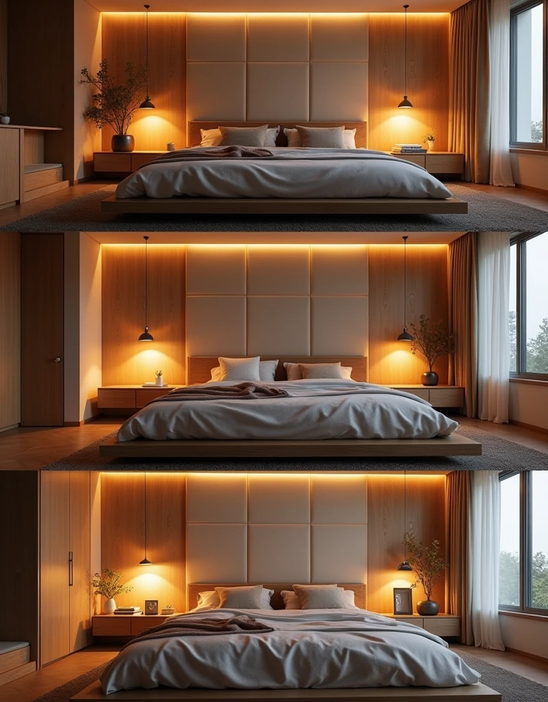 A split screen shows all three bedrooms side by side. Each room glows slightly, emphasizing the cozy, warm, and modern aesthetics.