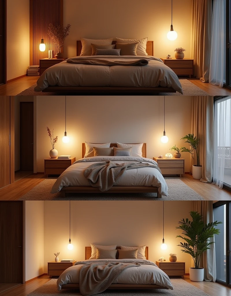 A split screen shows all three bedrooms side by side. Each room glows slightly, emphasizing the cozy, warm, and modern aesthetics.