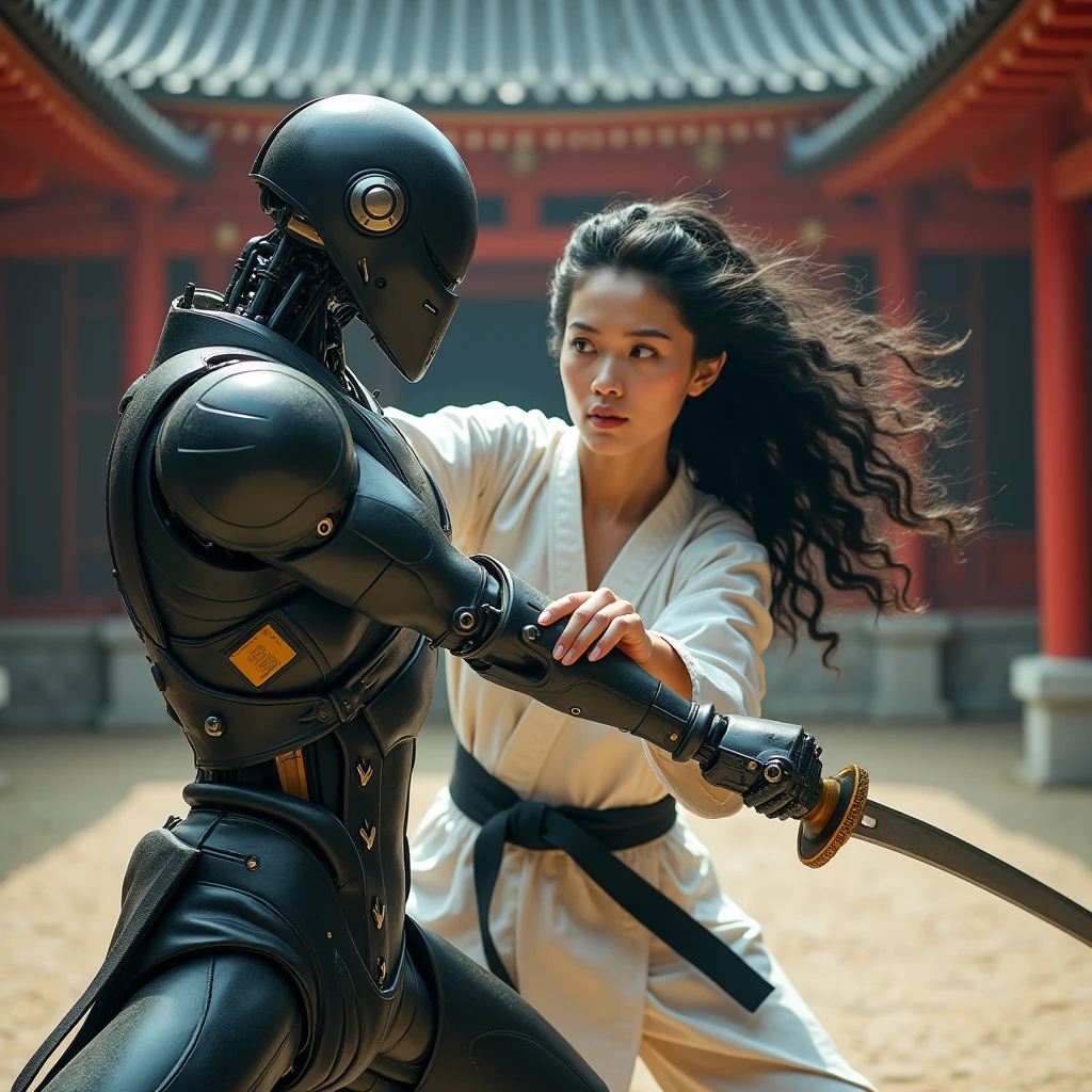 realistic photo of a (pretty girl, 20 years old, brunette, black eyes) fighting with a katana against a ninja robot , (full lips) , ((perfect face)), [[mild smile]], proportionate body,mixed white-latina herritage, beautyfull, beautyfull face, tanned skin, two arms, two legs, five fingers by hand, full body, (softly curly black long hair), martial artts female hero fighting against a robot foe, confortable martial artist clothes, futuristic shinto temple vibles at background, western girl
