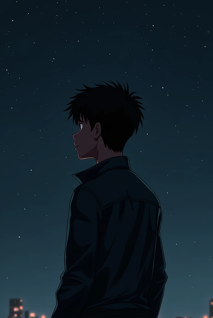 Dark skinned boy looking at the night from behind with a black leather jacket