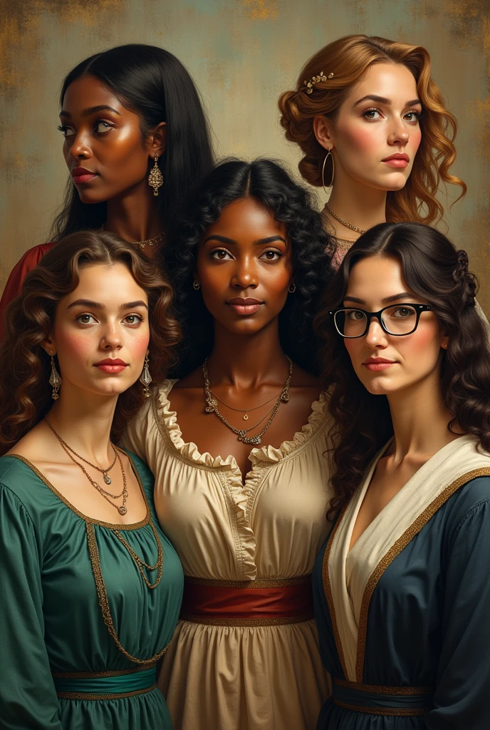 Generate an attractive image about: women's faces: the women who shaped the history of mathematics. Show women who represent Greek culture, Egyptian, American culture as a black woman, European culture being a 50 year old woman, a woman wearing glasses in contemporary clothing.