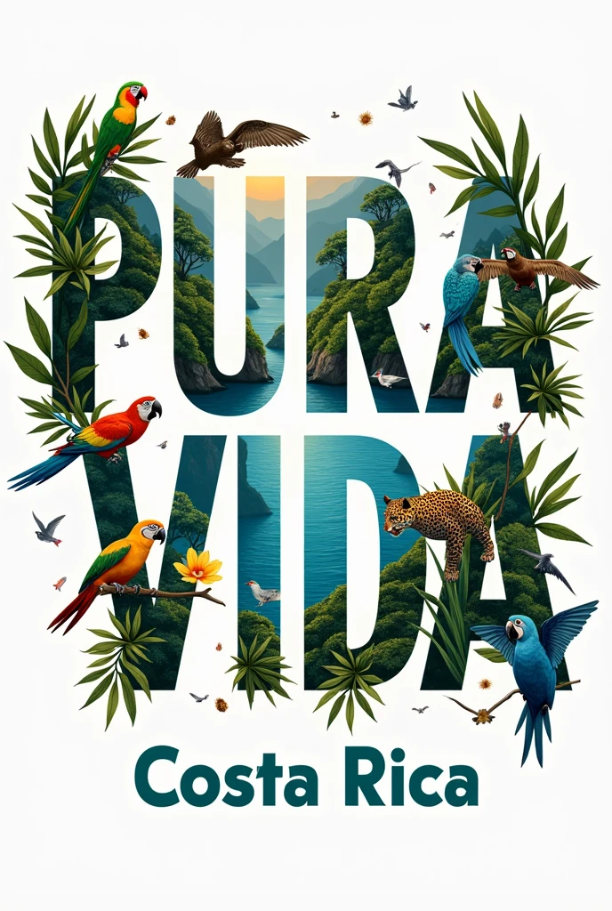 Image to print a shirt that says PURA VIDA but the background of the letter is representative animals of Costa Rica and below in a thinner and smaller letter that says Costa Rica( Landscapes and animals must be within the letters that say pure life, They cannot protrude or go beyond the edges of the letters and they have to be real.)
