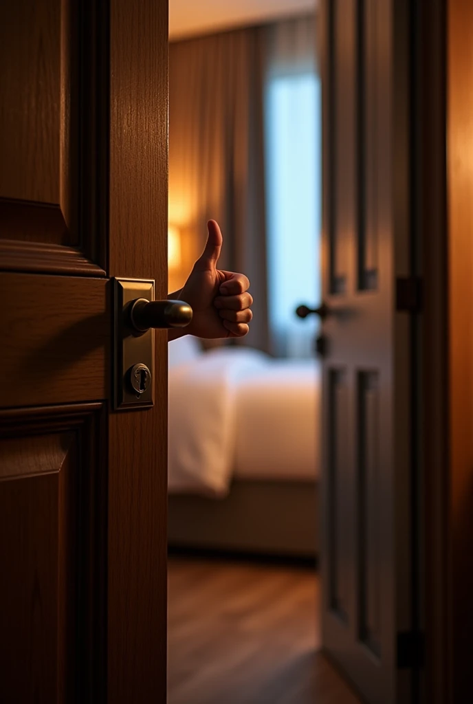 Image of a hotel room door open showing the hotel room number with a thumbs up sign in an evening