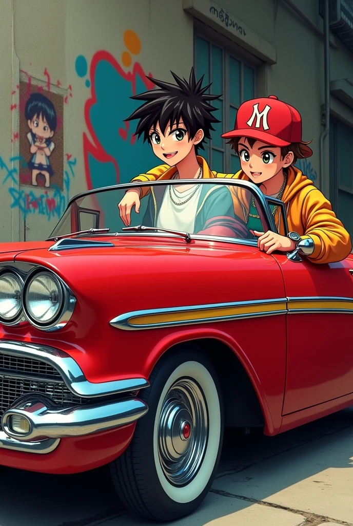 Red Opala car with two anime hip hop style boys