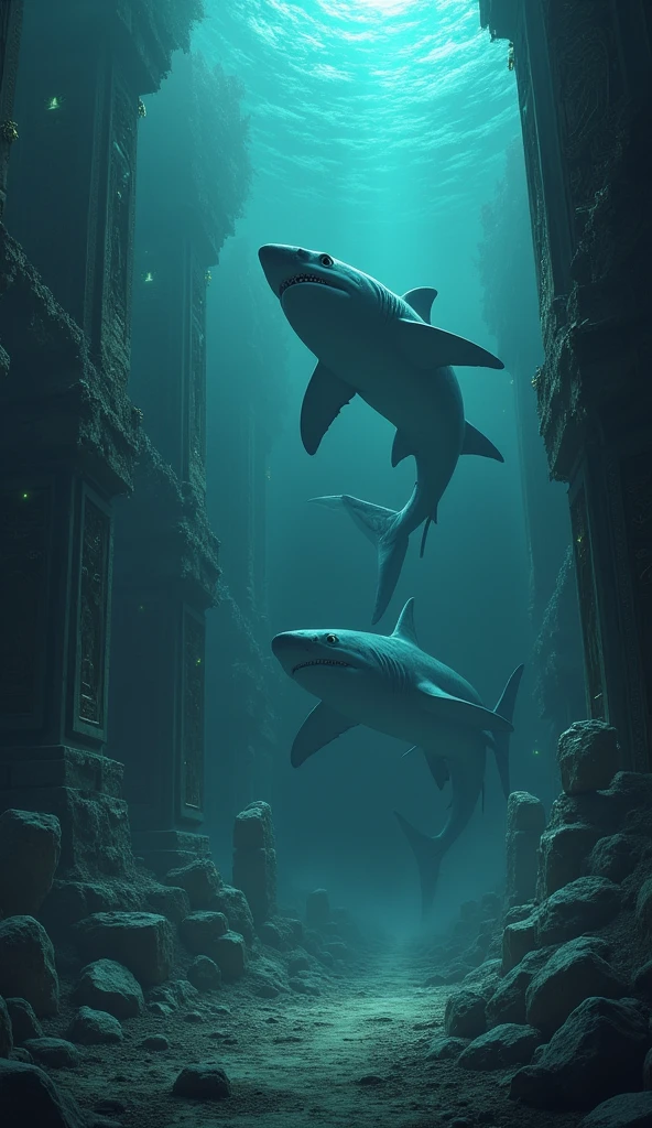 "Create a dark, underwater scene where ancient, colossal sharks swim around the ruins of a forgotten city deep in the ocean. The city should have eerie, glowing structures with intricate designs, hinting at a once-powerful empire. The sharks are massive, with sharp, menacing features and eyes that seem to hold ancient wisdom and power. The atmosphere should be ominous, with a sense of something both awe-inspiring and terrifying lurking in the depths.