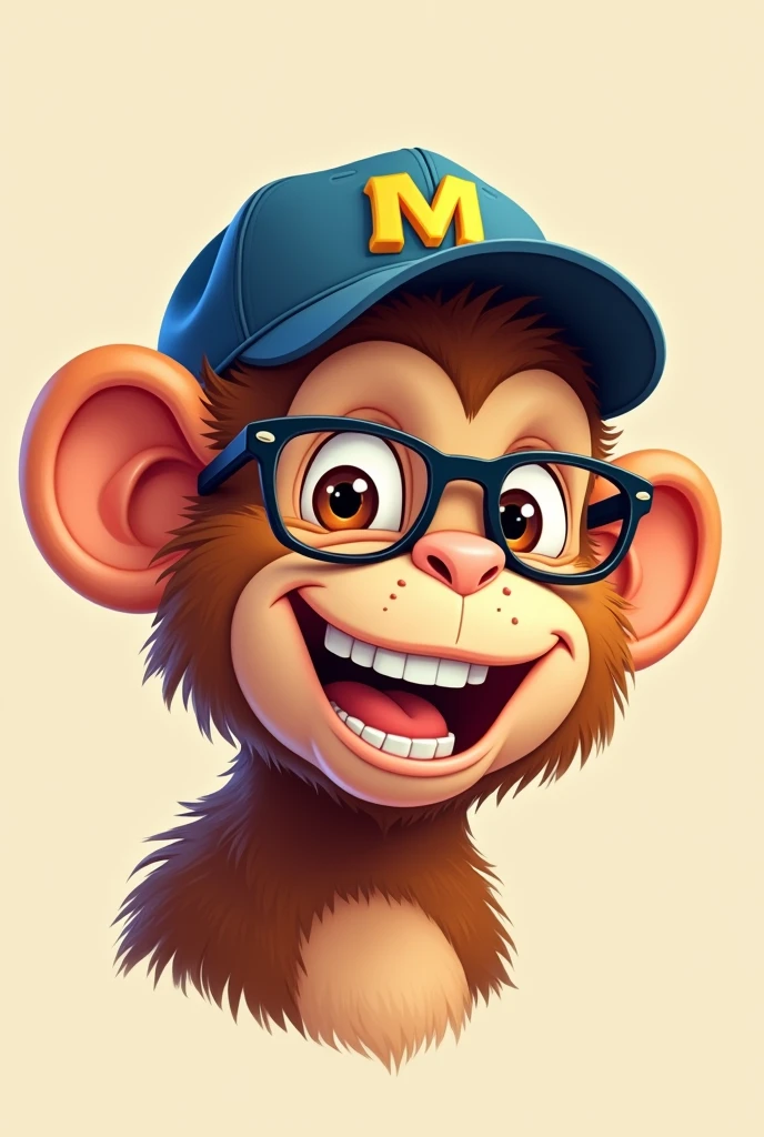 Monkey head with glasses and baseball cap with the letter M and smiling
