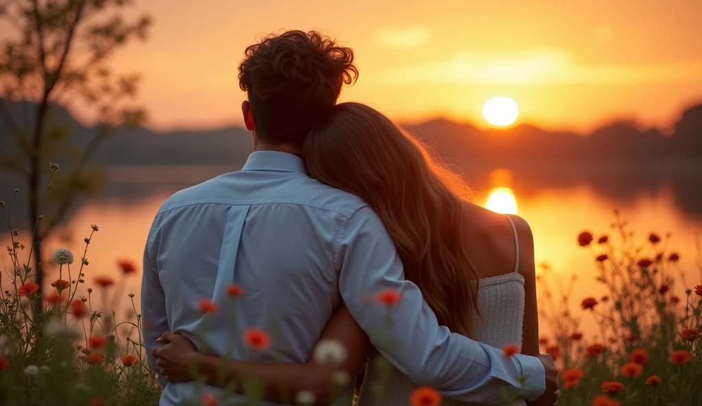 Um couple de adultos, a 6 man and a 4 woman, Traditional romance, surrounded by flowers, friendship, resting his head on the shoulder of , Tenderness, best friends, heartwarming, hugs, sitting in front of a lake with the sun rising in the background, hugging, next, Beautiful photo, inspirational, precious moments, couple, hug, romantic couple, touching