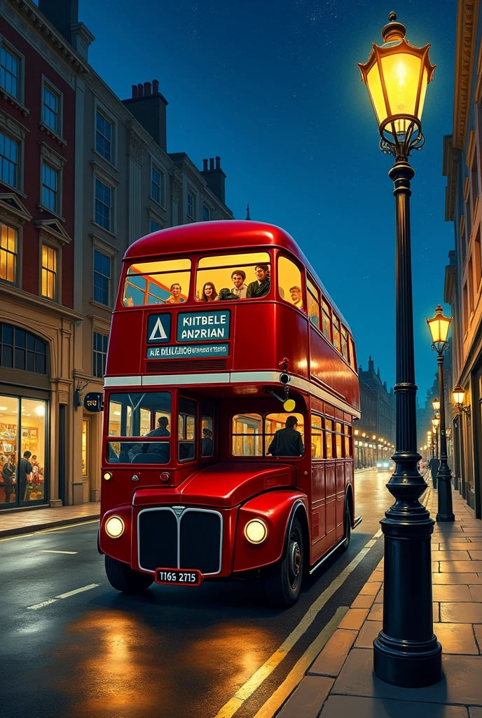 Imagine a stunning oil painting that embodies photorealism, inspired by the intricate style of Dan Mumford. The scene features a double-decker bus navigating a quiet street at night. The bus is rendered in vivid detail, with its iconic red and black colors gleaming under the soft glow of nearby streetlights. On the upper deck, you can see passengers, each one uniquely captured in various poses—some laughing, others lost in thought, their faces illuminated by the warm light spilling from the windows. The reflections on the bus’s surface mirror the city lights, creating a dynamic interplay of colors. In the background, a vintage lamp post stands majestically, its intricate design highlighted by the warm yellow light it emits. The light casts gentle shadows on the cobblestone pavement, enhancing the depth of the scene. The buildings lining the street are depicted with meticulous attention to detail, showcasing textures and architectural features that evoke a sense of history and urban charm. The night sky is a deep, velvety blue, dotted with stars that twinkle subtly above. This painting not only captures a moment in time but also evokes emotions of nostalgia and the vibrancy of city life at night. Would you like to explore more about this style or create another scene?