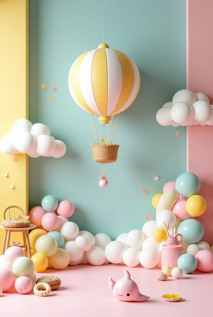 I want to create a photo scenario. Closed location with photo backdrop for a children's clothing campaign. Ideas for the scenario: three micro scenarios available for photos on different walls. A wall with a very light baby yellow color, with a lemonade stand and cloud decoration. Second wall in a very light baby blue tone, with a large balloon and straw basket, the balloons in white tones, light pink, light yellow, light blue and light green. Terceira parede em tom de light pink com nuvens na parede e um pequenl jardim. Tudo em tons candy color. The floor matching the wall color. Include sweets in the decoration, like lollipops, whales and donuts. I want wide walls with more of the decorations described.. The big hot air balloon with lots of balloons