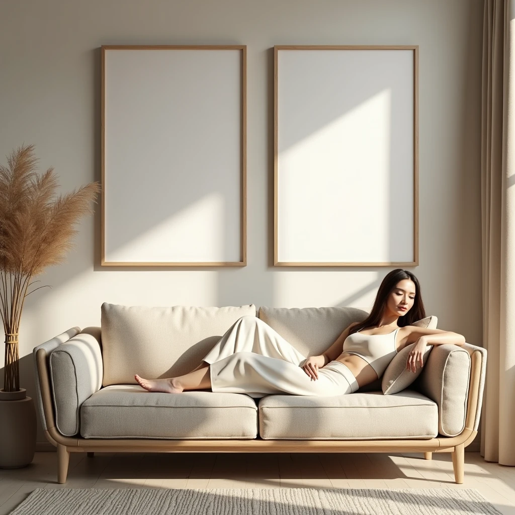 A hyper-realistic HDR interior scene featuring a cozy living room with warm, natural lighting. The focus is on two vertical DIN A frames with sleek white borders, each with a blank canvas (no designs), hanging on a wall above a modern, stylish sofa. A relaxed woman dressed in neutral tones is lounging on the sofa, adding an elegant and sophisticated touch to the scene. The overall atmosphere is serene and inviting, emphasizing the blank canvases in a home decor setting