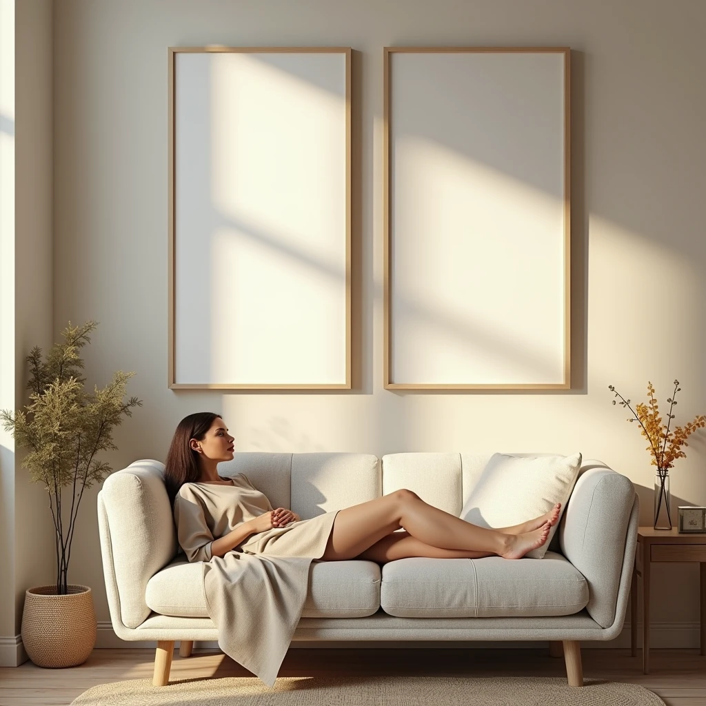 A hyper-realistic HDR interior scene featuring a cozy living room with warm, natural lighting. The focus is on two vertical DIN A frames with sleek white borders, each with a blank canvas (no designs), hanging on a wall above a modern, stylish sofa. A relaxed woman dressed in neutral tones is lounging on the sofa, adding an elegant and sophisticated touch to the scene. The overall atmosphere is serene and inviting, emphasizing the blank canvases in a home decor setting